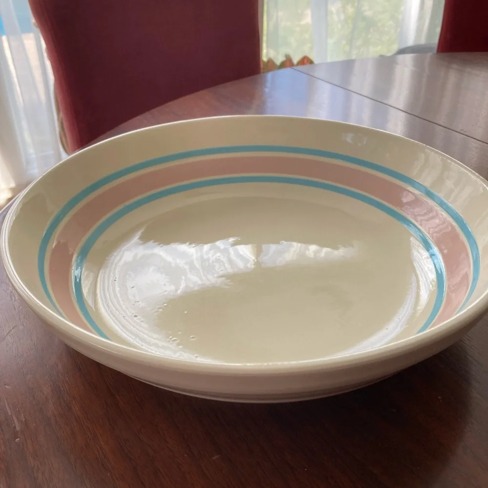 Vintage McCoy Cream, Pink and Blue Striped Serving Bowl - Picture 1 of 6